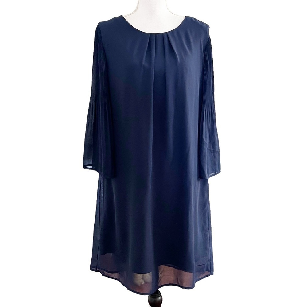 NEW Robert Louis Pleated Sleeve Shift Dress Women’s SZ‎ Medium Navy Blue Modest
